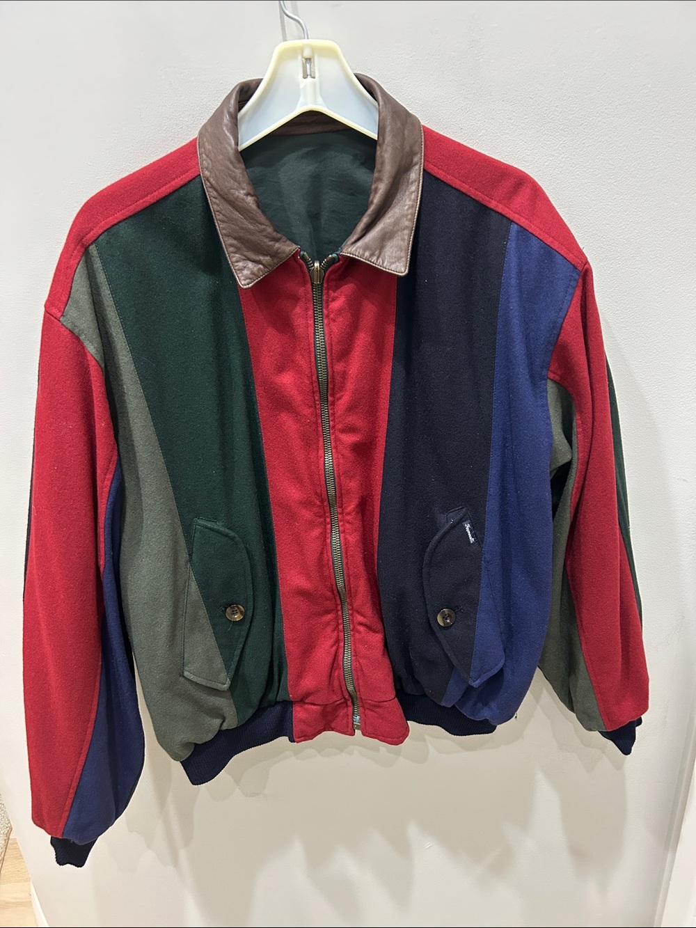 Men’s Faconnable Colorblock Reverseable Bomber Jacket in blue red & green